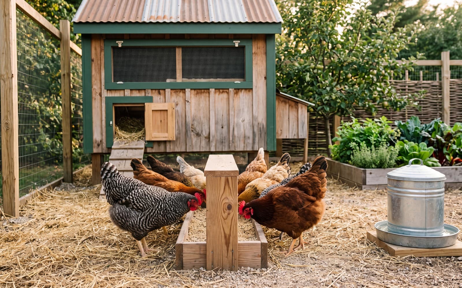 A small backyard flock gathered around a wooden feeder beside their coop.
