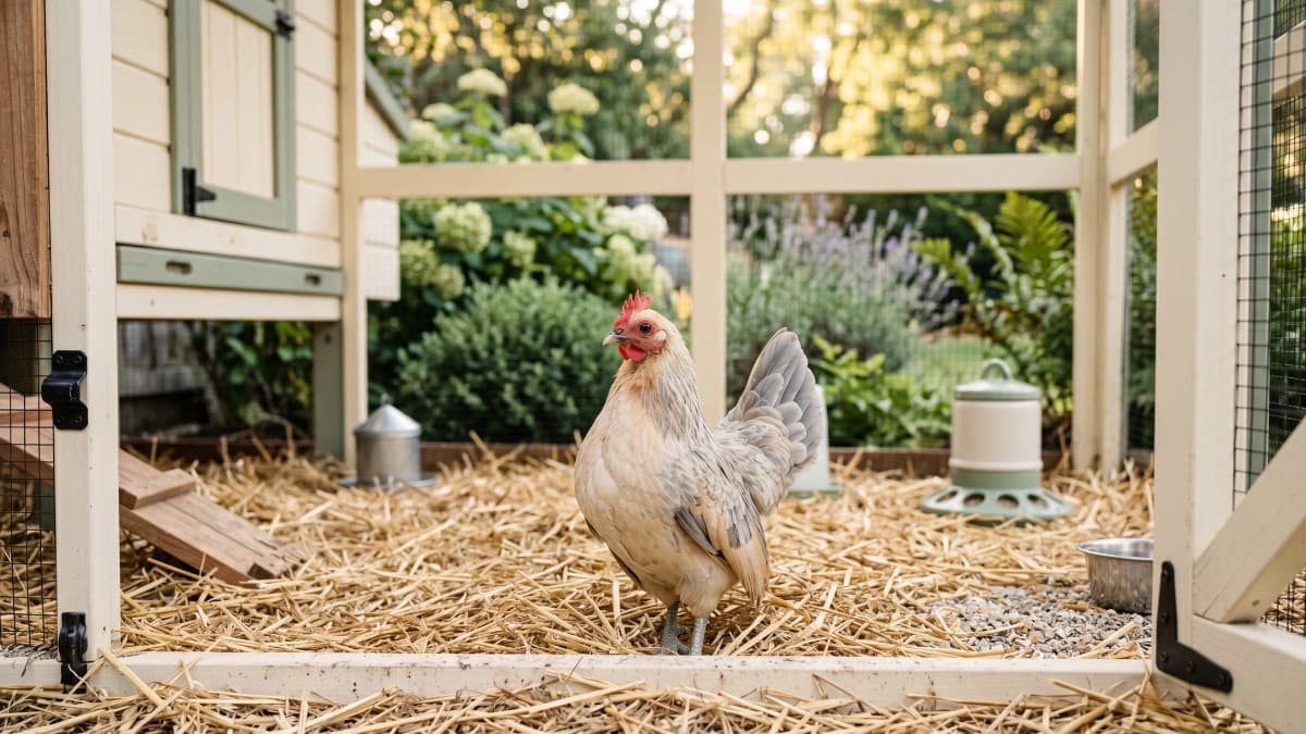 A small bantam hen standing in a tidy backyard chicken run