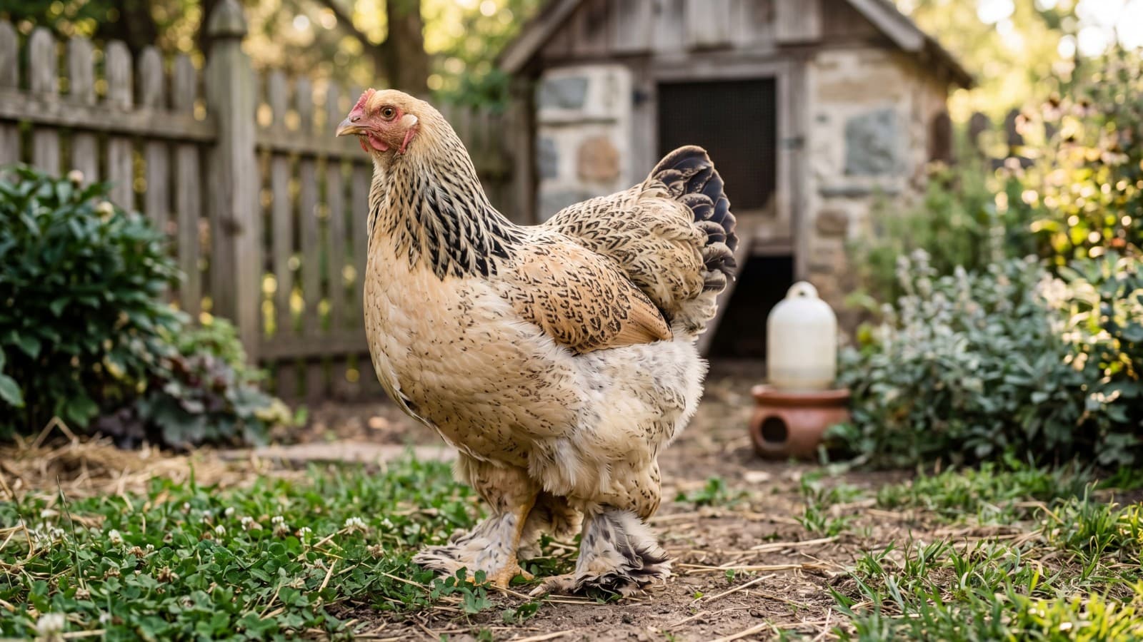 A large feathered Brahma chicken standing calmly in a backyard run.