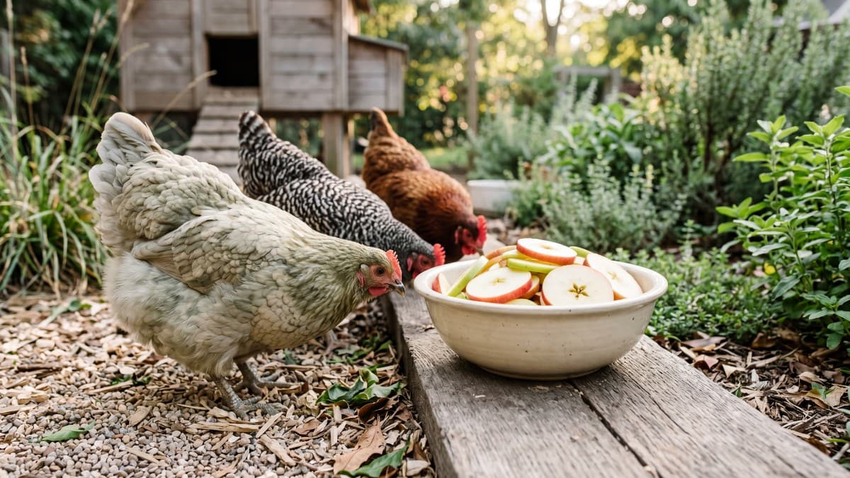 Sliced apple pieces in a small bowl beside backyard chickens, with seeds removed
