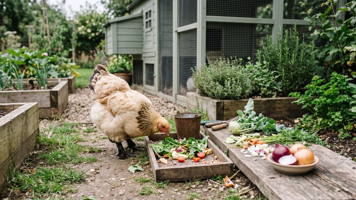 A backyard chicken near vegetable scraps, with onions set aside as a treat to skip