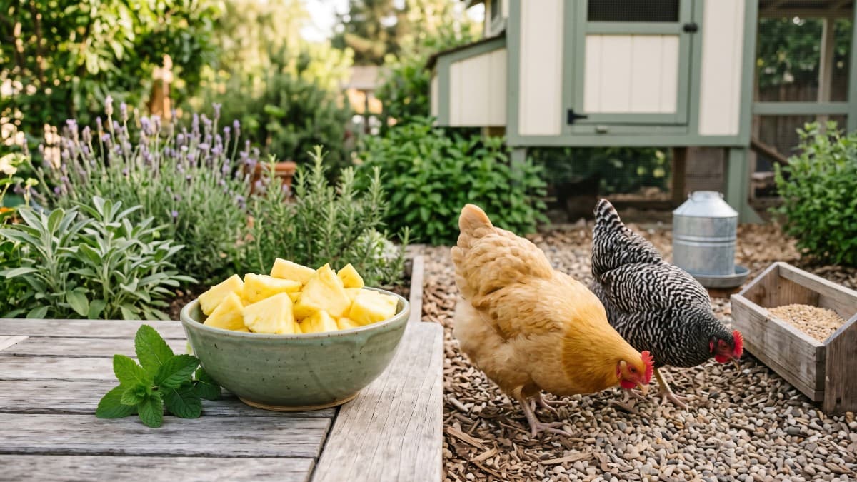 Fresh pineapple chunks in a small bowl beside healthy backyard chickens