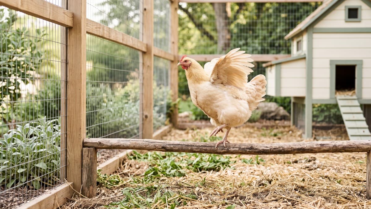A backyard chicken hopping onto a low wooden perch with wings slightly spread