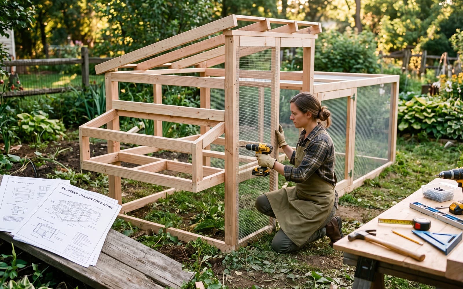 Beginner chicken coop plans with a simple coop build and tools nearby