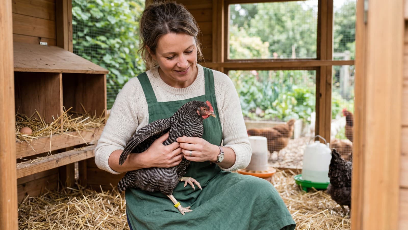 A keeper inspecting a hen's feathers near the vent for signs of mites.