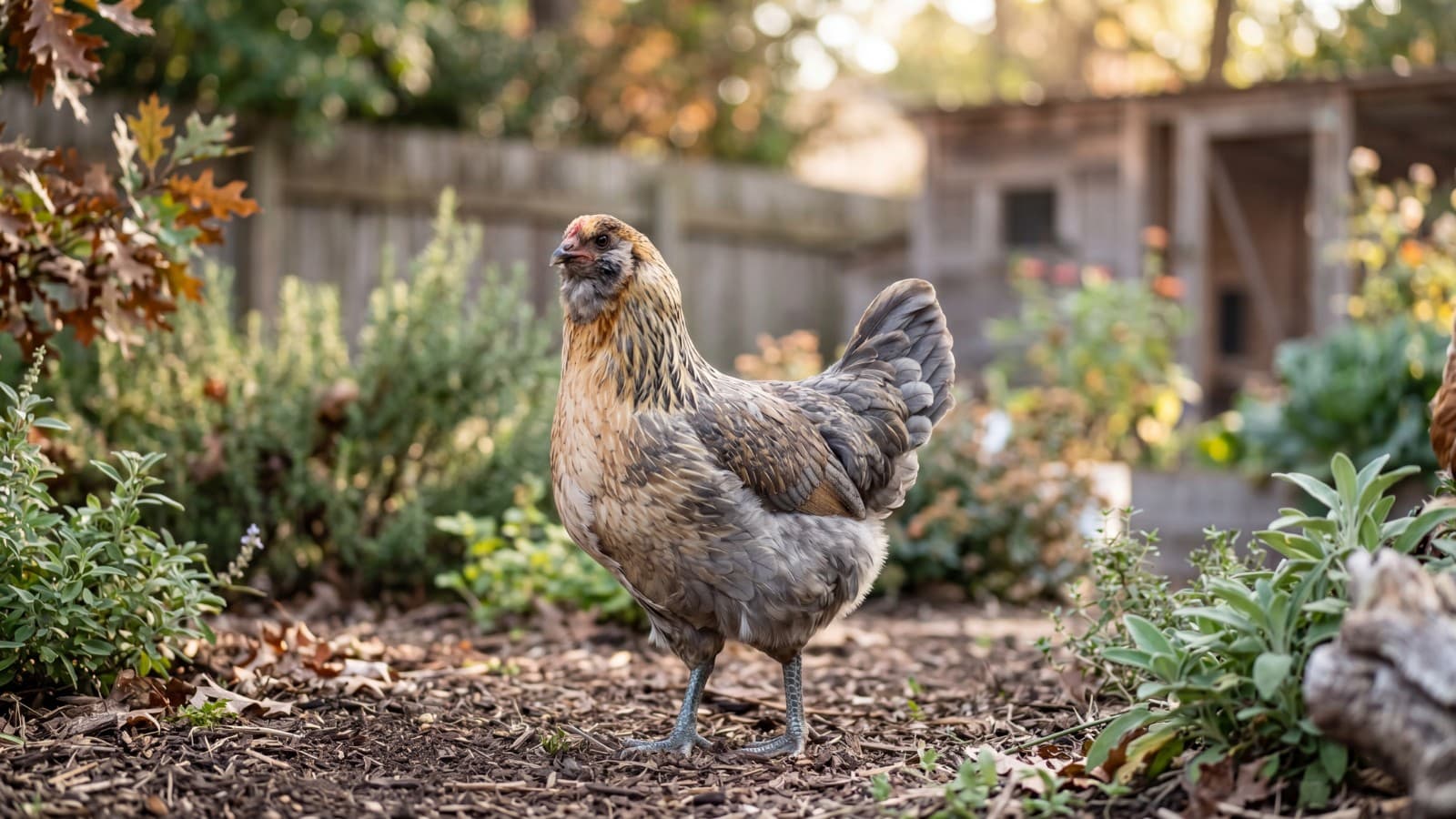 An Easter Egger hen with characteristic muffs, foraging in a backyard.