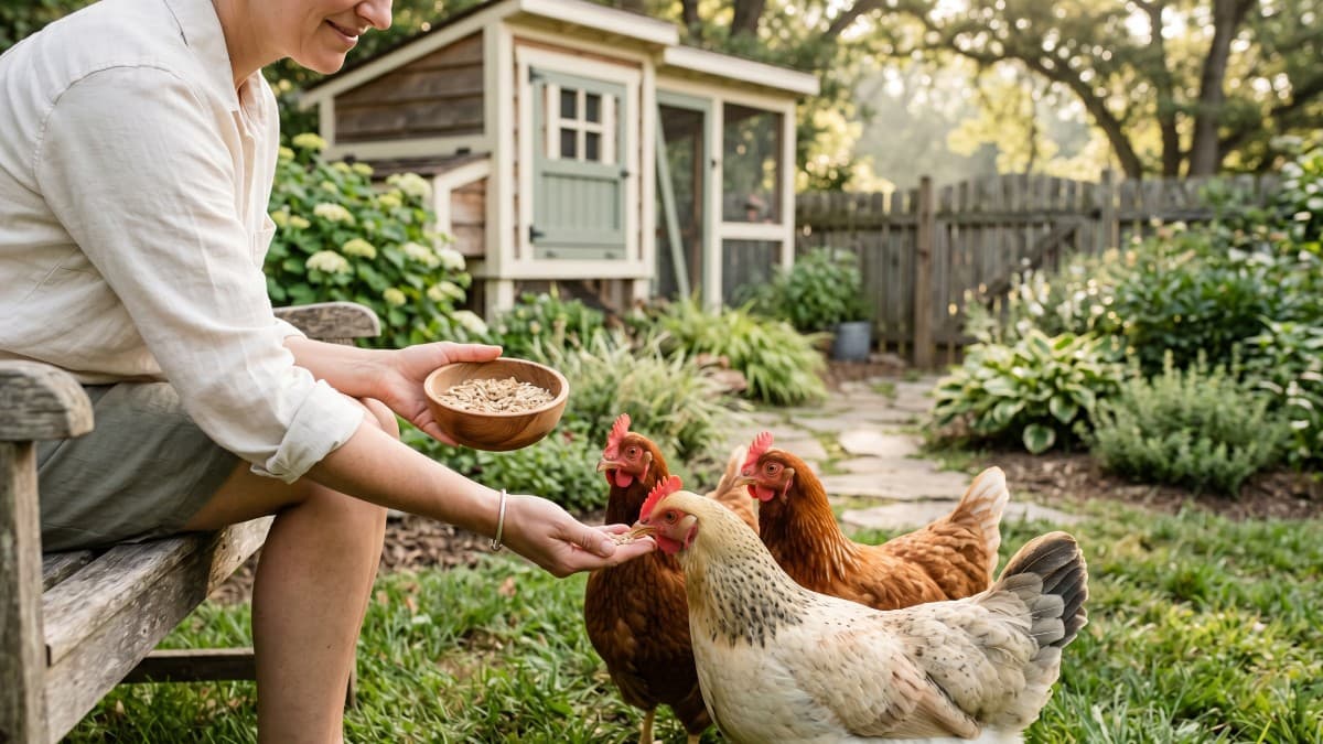 A calm Buff Orpington hen being gently held, representing friendly backyard chicken breeds
