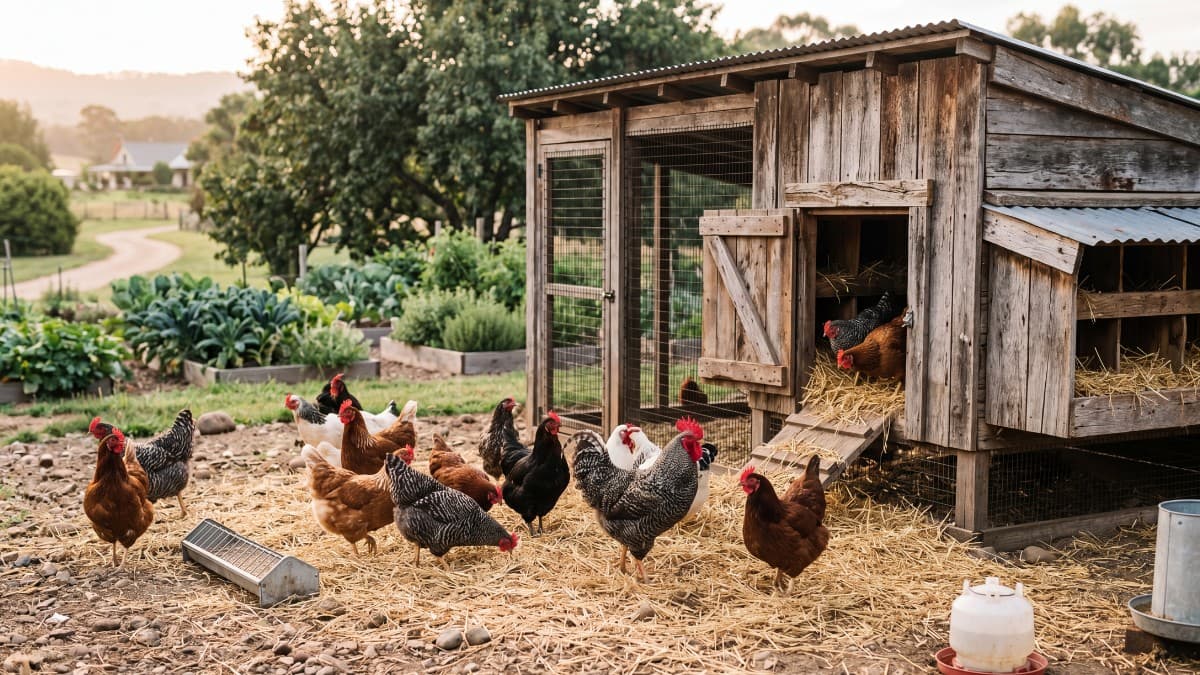 A mixed flock of heritage backyard chickens foraging on a small homestead