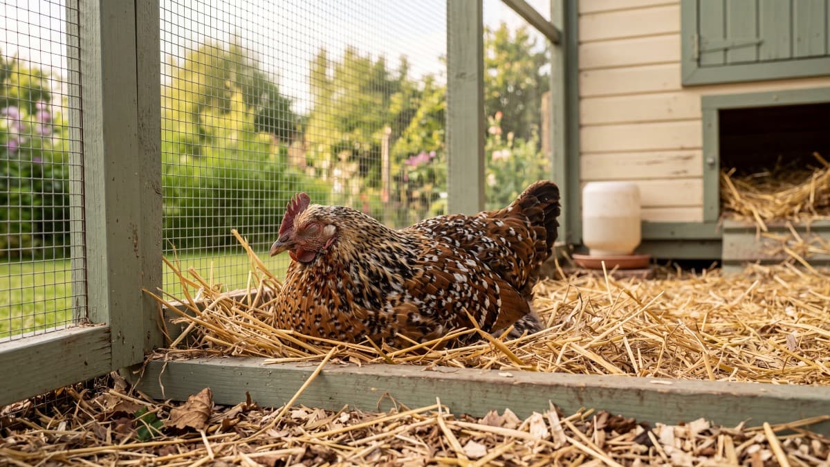 An older healthy backyard hen resting in a clean chicken run