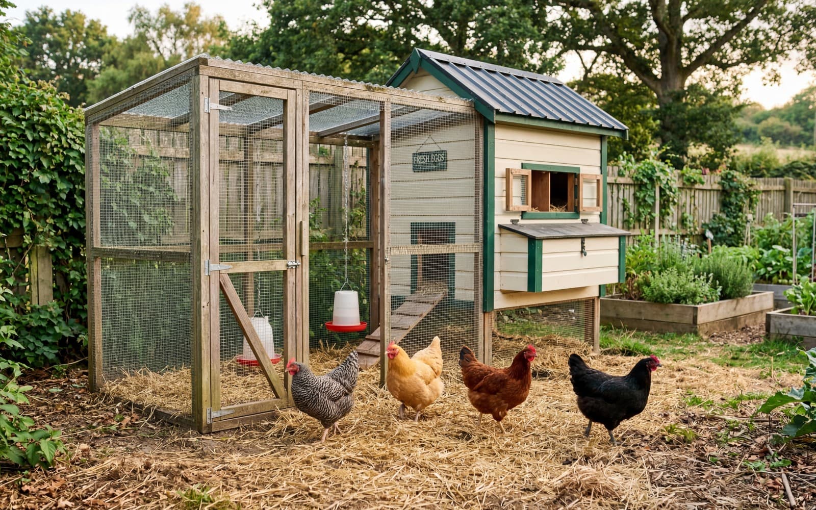 Small beginner flock of backyard hens near a clean coop and secure run