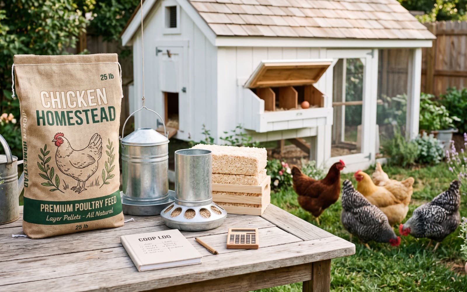 Backyard chicken keeping supplies arranged for estimating the cost to raise chickens