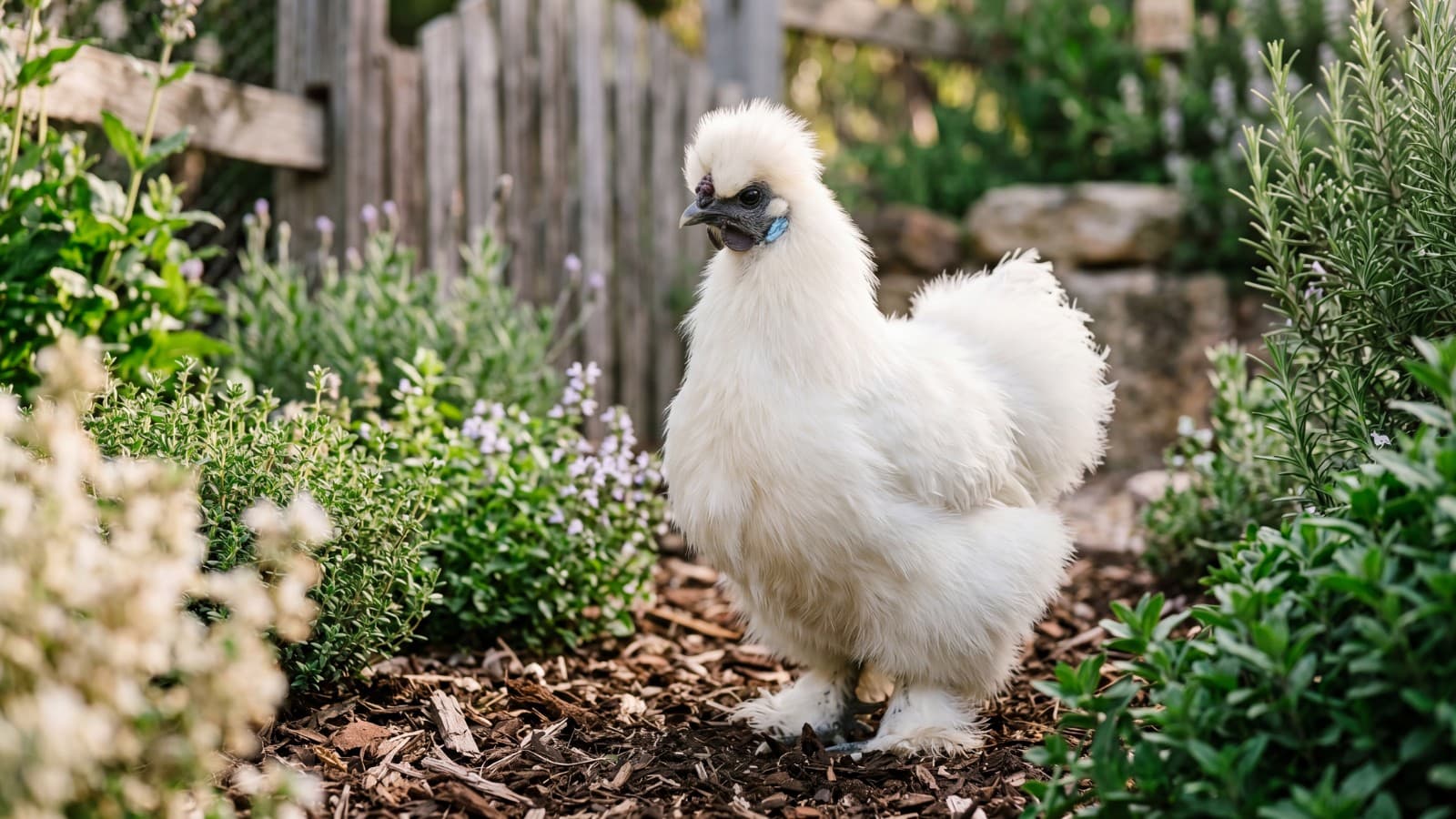A fluffy white Silkie chicken with its signature soft feathering.