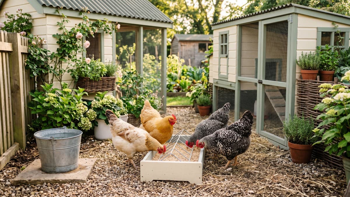 Backyard chickens eating complete feed and fresh greens beside a clean waterer
