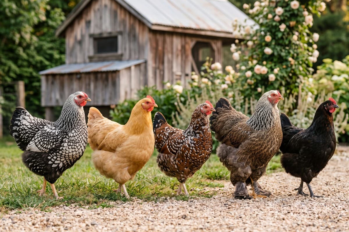 A mixed backyard flock of hens roaming together in a sunny yard.