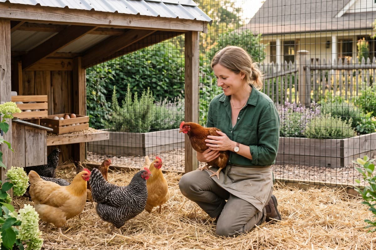 A backyard chicken keeper checking on a small flock during the daily routine.