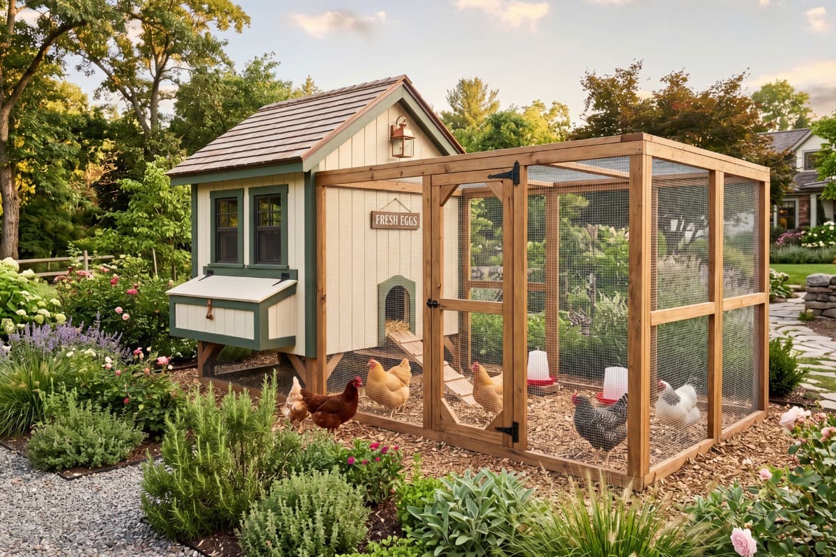 A well-built backyard chicken coop with an attached run, set in a green yard.