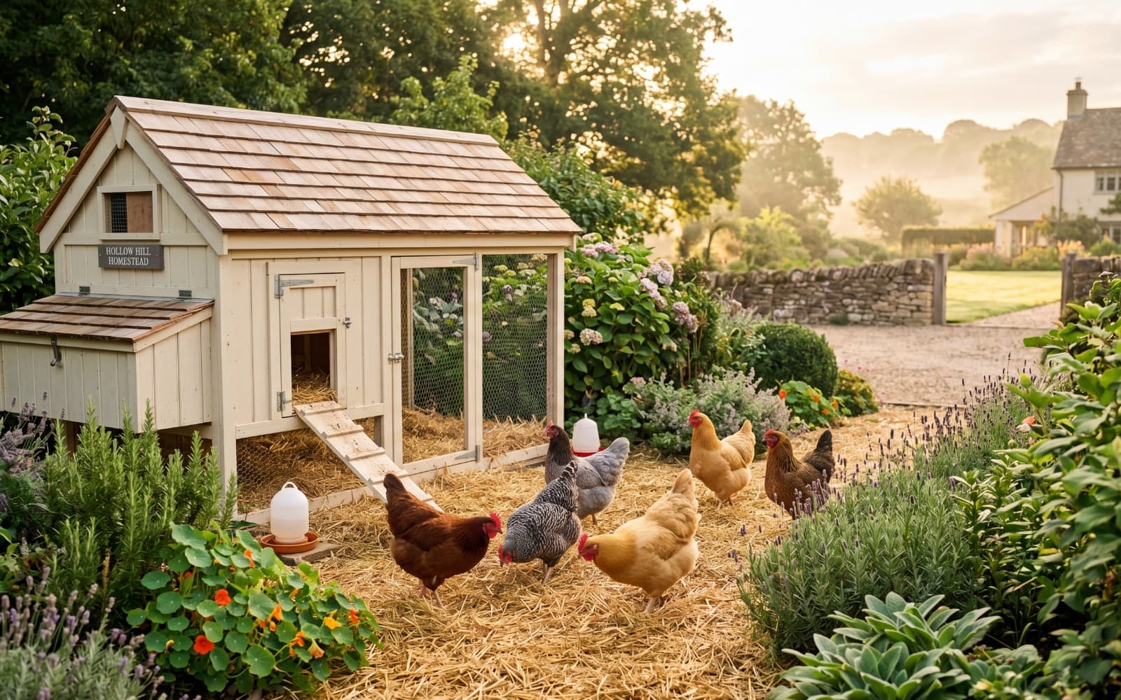 A small backyard flock of healthy hens roaming together in a sunny homestead garden.