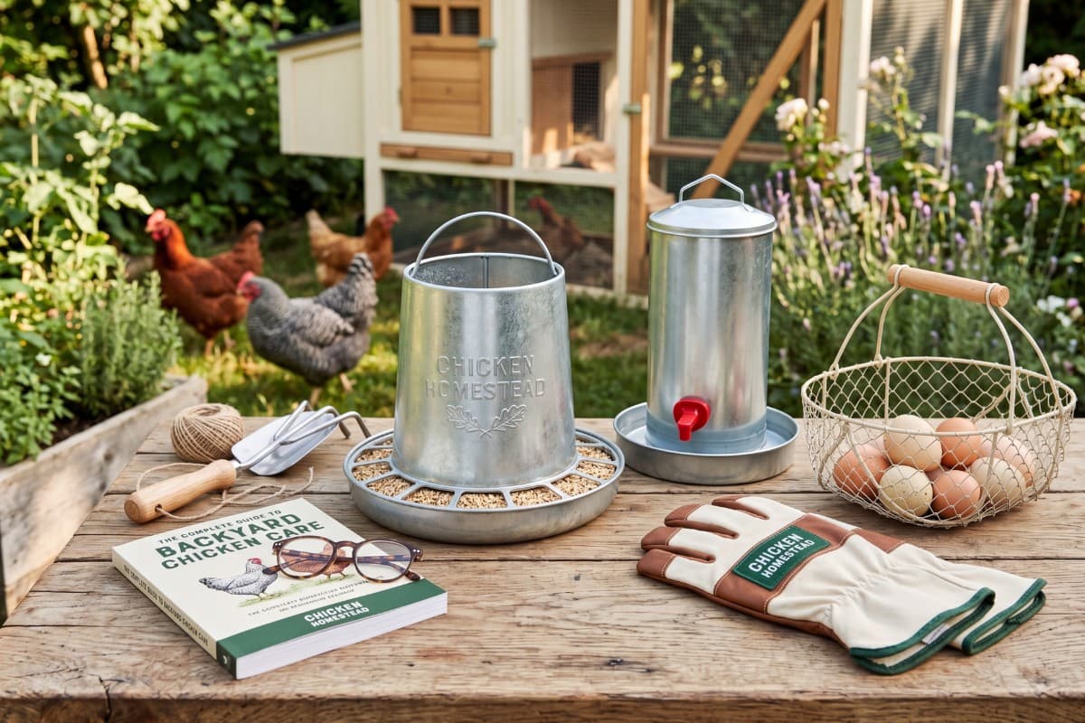 A small selection of homestead essentials including feeders, waterers, and coop tools.