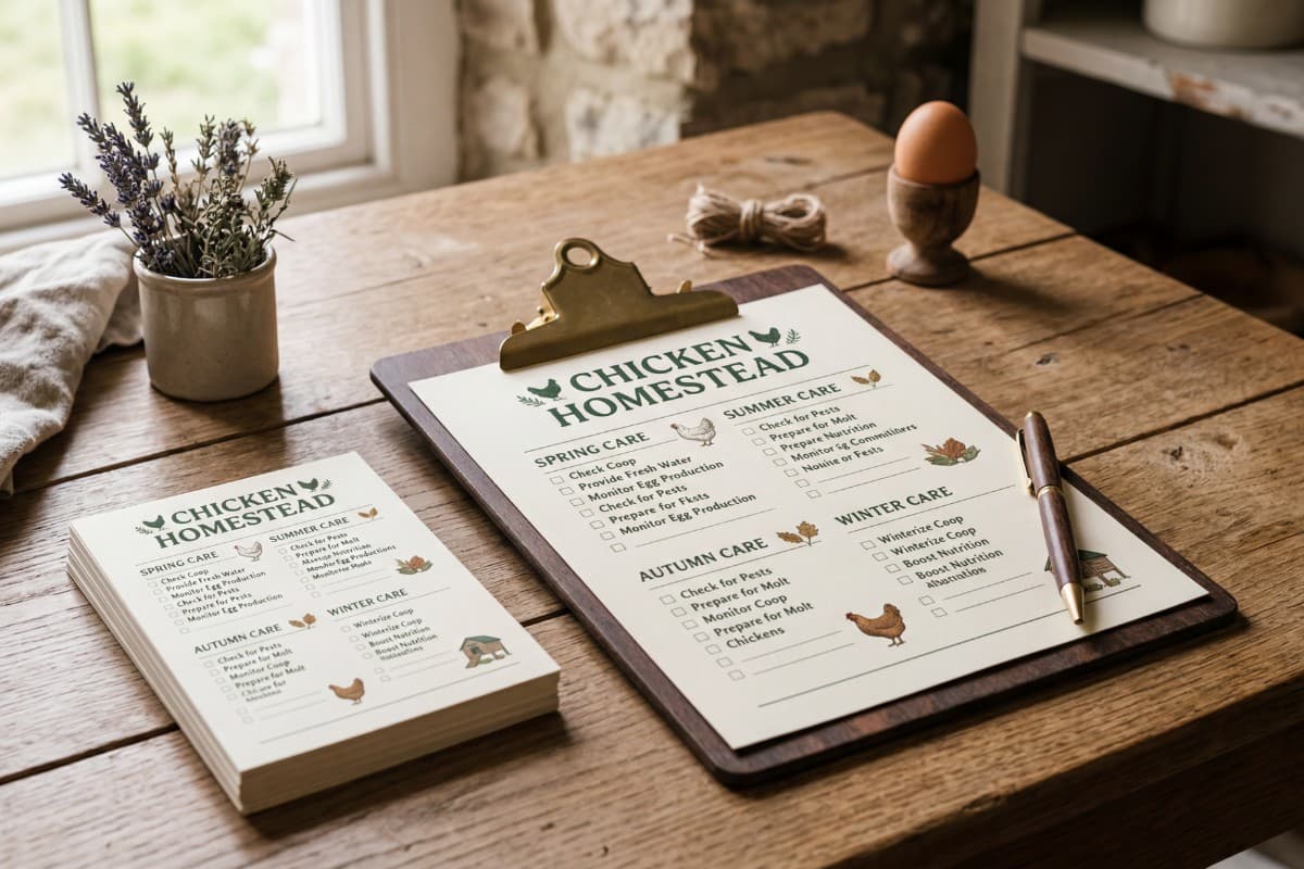 A printable Chicken Homestead coop plan laid out on a workbench with measuring tools.