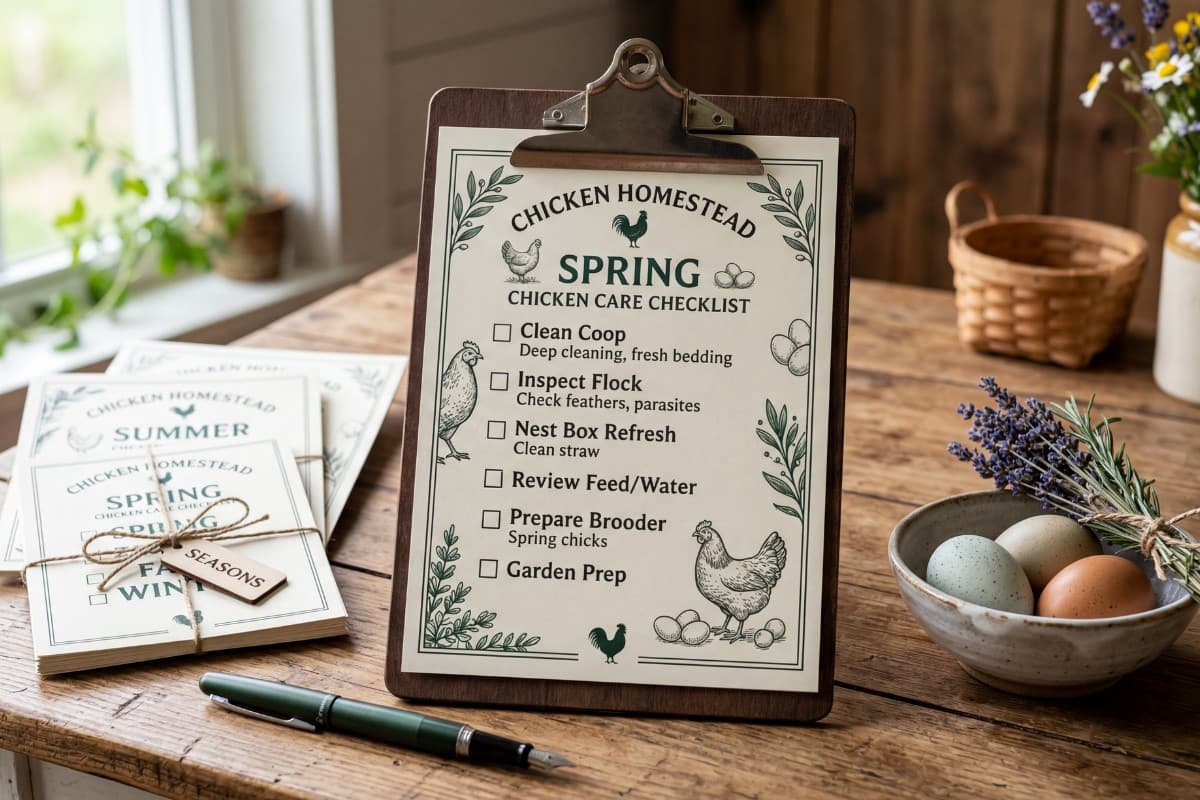 A seasonal backyard chicken keeping checklist on a clipboard near a small flock.