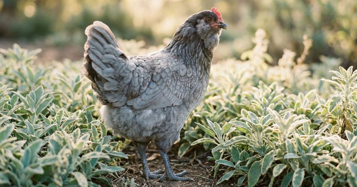 A slate-legged Ameraucana hen showing distinct facial muffs and a beard.