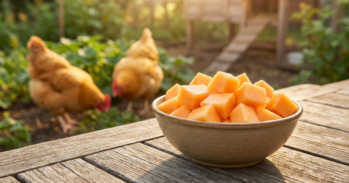 A cantaloupe slice showing flesh and seeds being shared with chickens.
