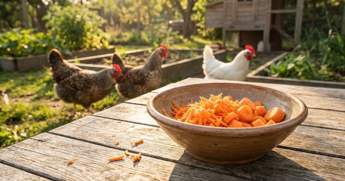 Grated raw carrots and leafy carrot tops ready to feed chickens.