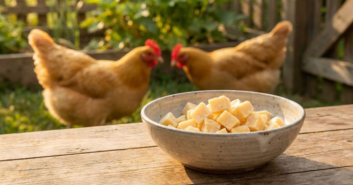 A small sprinkle of shredded cheese in a feeding cup for chickens.