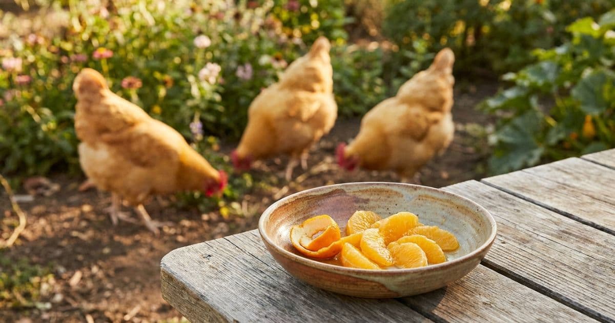 Fresh orange slices in a small bowl next to backyard chickens.