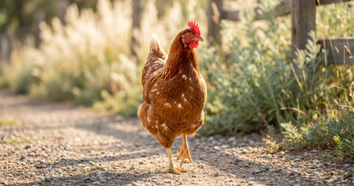 A friendly light-brown Cinnamon Queen hen standing in a grassy backyard.