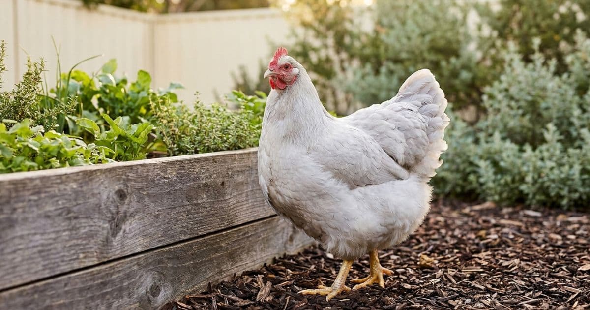A fluffy Lavender Orpington hen standing in a grassy backyard.