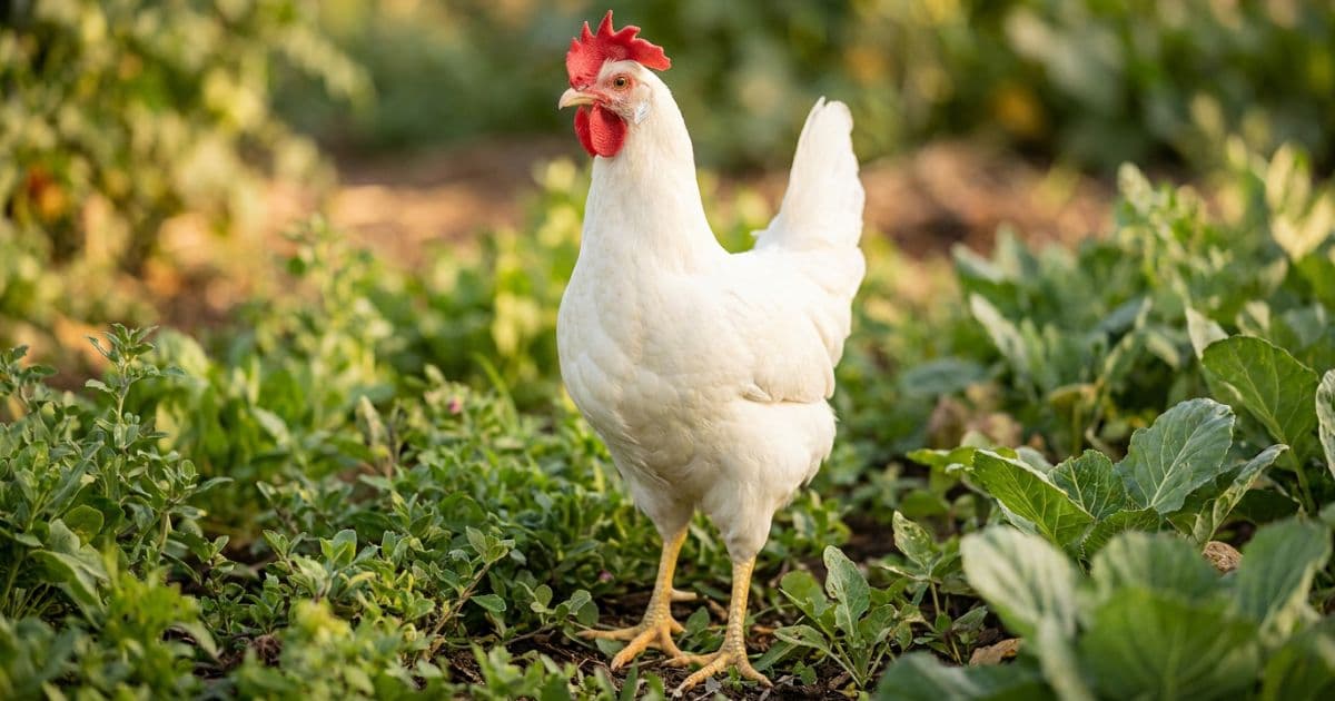 A sleek white Leghorn hen showing her large single red comb and white earlobes.