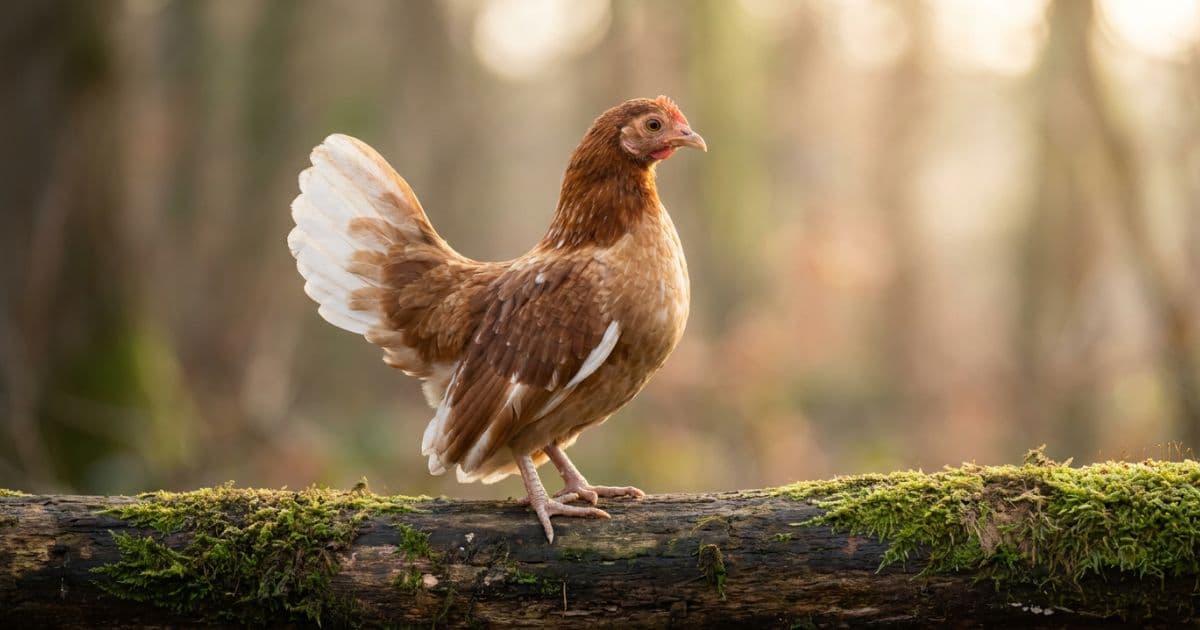 A tiny, proud Serama rooster displaying a V-shaped posture and high tail.