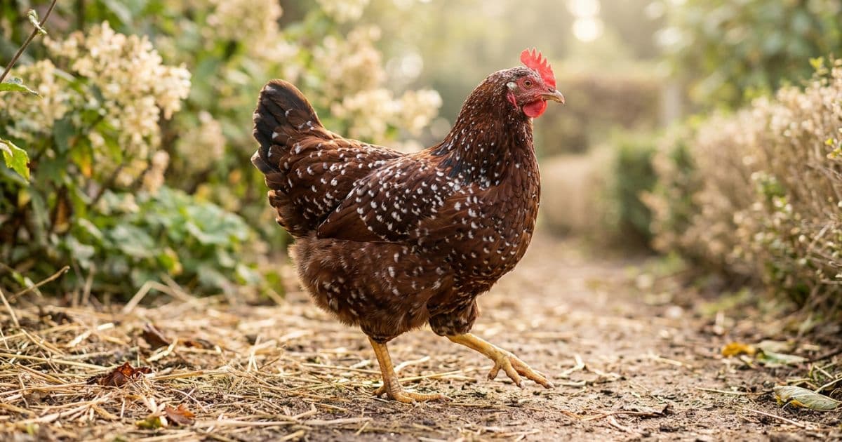 A beautiful Speckled Sussex hen showcasing her mahogany, black, and white plumage.