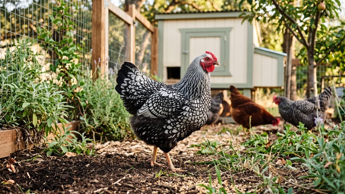 A Silver Laced Wyandotte hen showing the breed's distinctive laced feather pattern in a backyard run