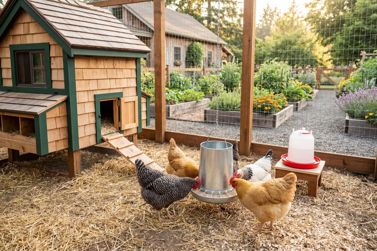 Chickens gathered around a feeder full of layer feed in a backyard run.